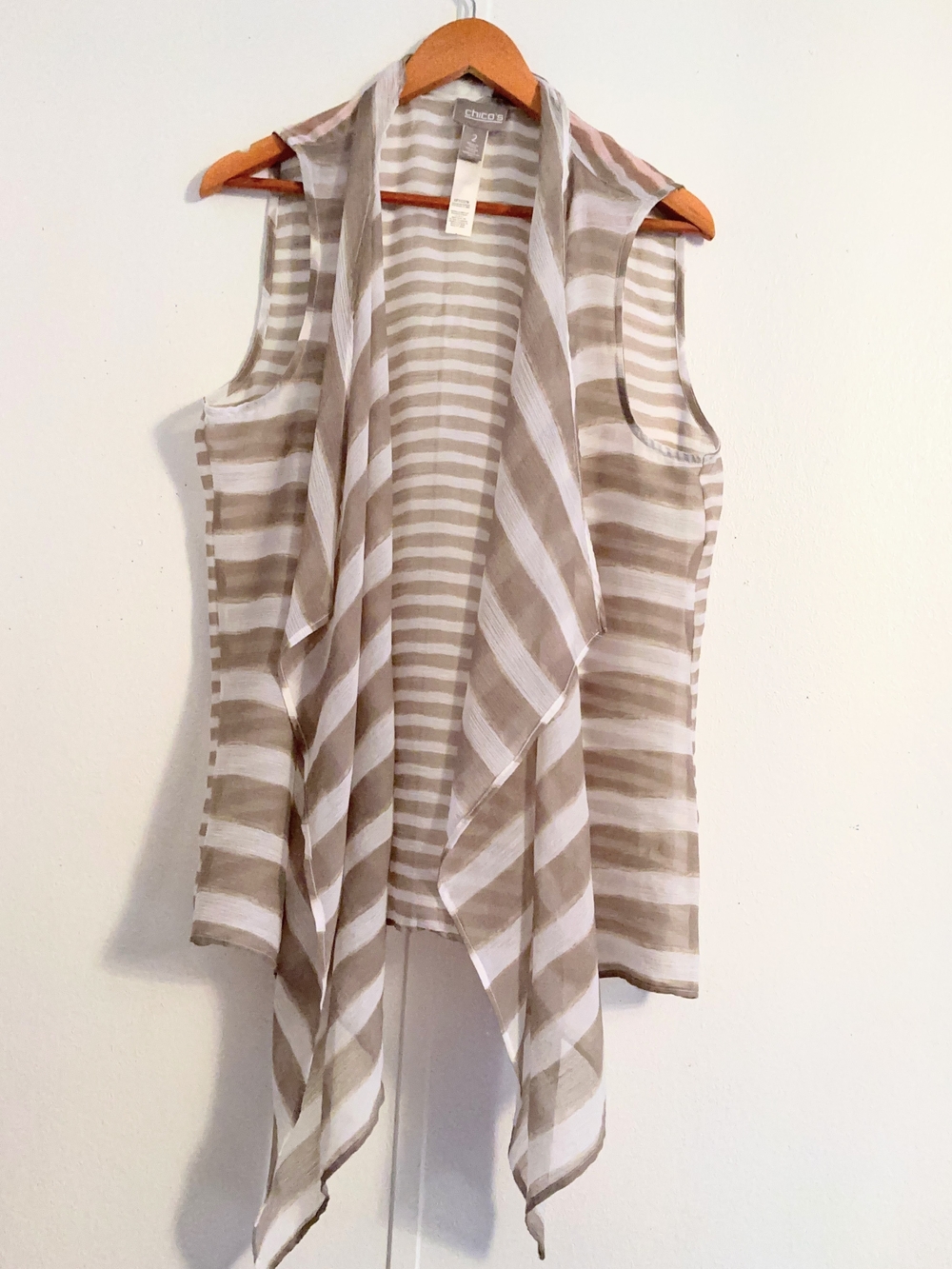 Chico's Taupe and White Striped Sleeveless Drape Vest
